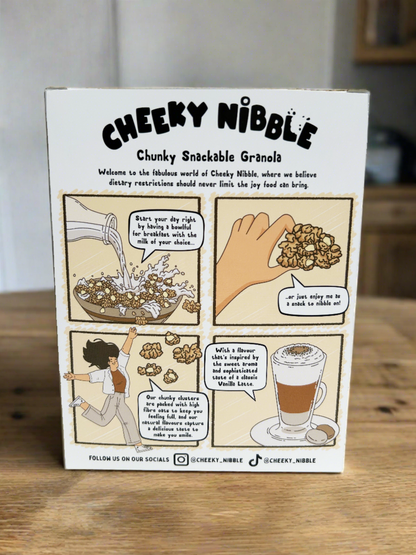 On the back of the Vanilla Latte Granola box, a cheerful cartoon depicts a charming café scene. A smiling barista expertly pours steaming espresso into a cup, while the aroma of freshly brewed coffee fills the air. In the background, cozy café tables adorned with vanilla bean motifs invite patrons to relax and enjoy their morning. The scene evokes a sense of warmth and indulgence, promising consumers a delightful fusion of coffee and vanilla flavors in their crunchy granola.