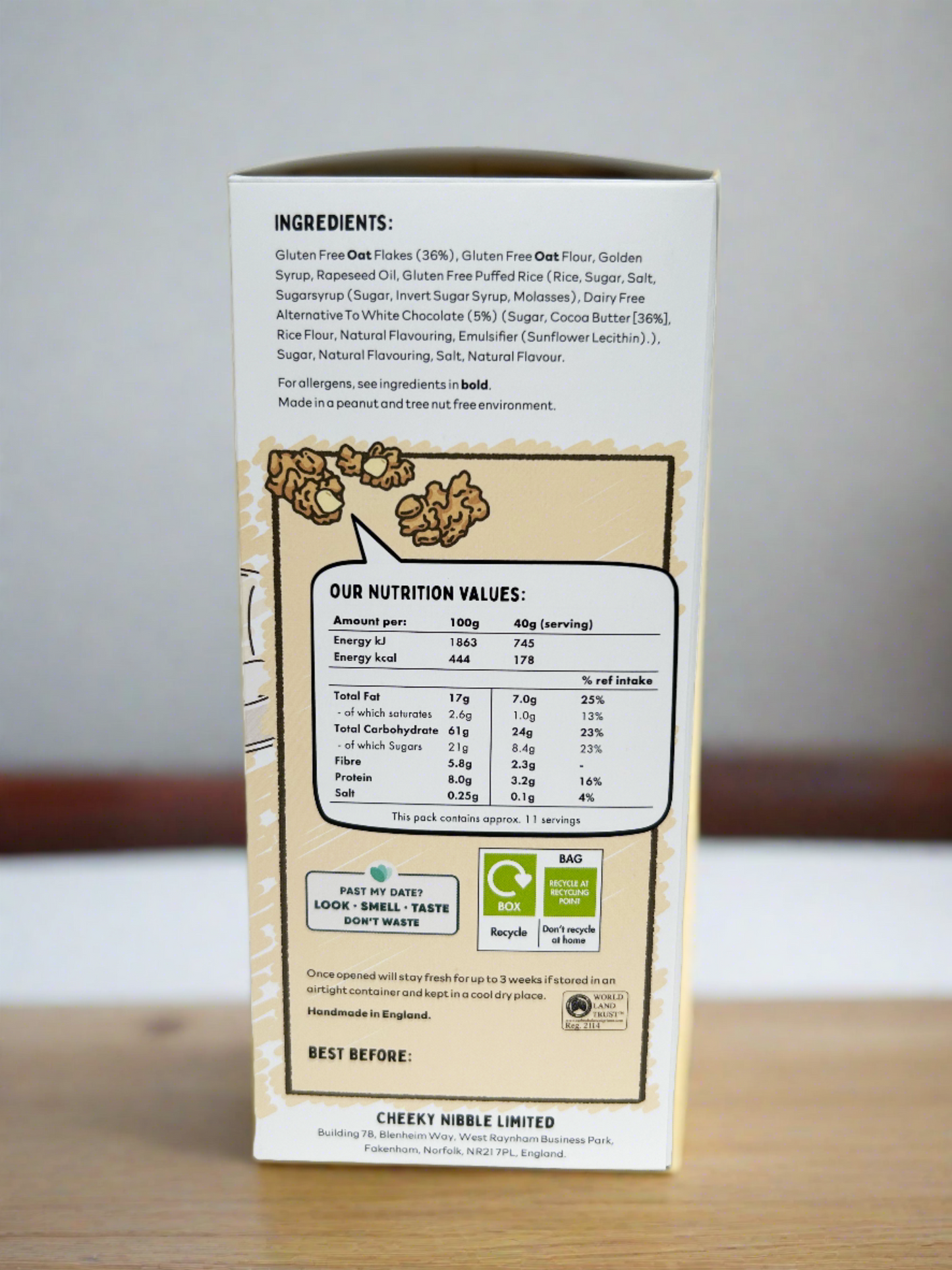 The cereal box prominently displays nutritional information for Vanilla Latte flavored granola. Clear text indicates serving size, calorie count, macronutrient breakdown (including protein, fat, and carbohydrates), and essential vitamins and minerals. The background of the box may include imagery evocative of a café setting, with steaming coffee cups and swirling latte art. The text is legible and concise, providing consumers with vital dietary details for making informed choices.