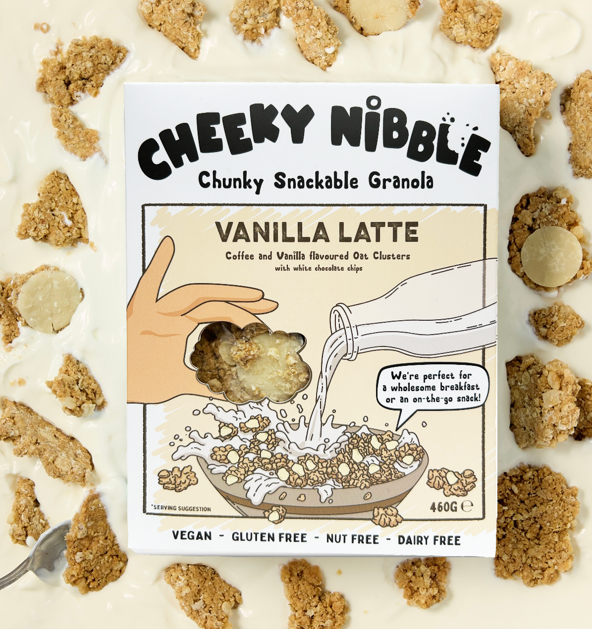  A box of Vanilla Latte-flavored chunky granola is depicted, featuring an enticing image of the granola bathed in creamy thick yogurt. The granola chunks are generously coated with white chocolate, vanilla, and coffee flavors, creating a visually appealing breakfast or snack option. The background suggests a cozy café setting, with hints of coffee beans and swirling latte art, enhancing the sensory experience.