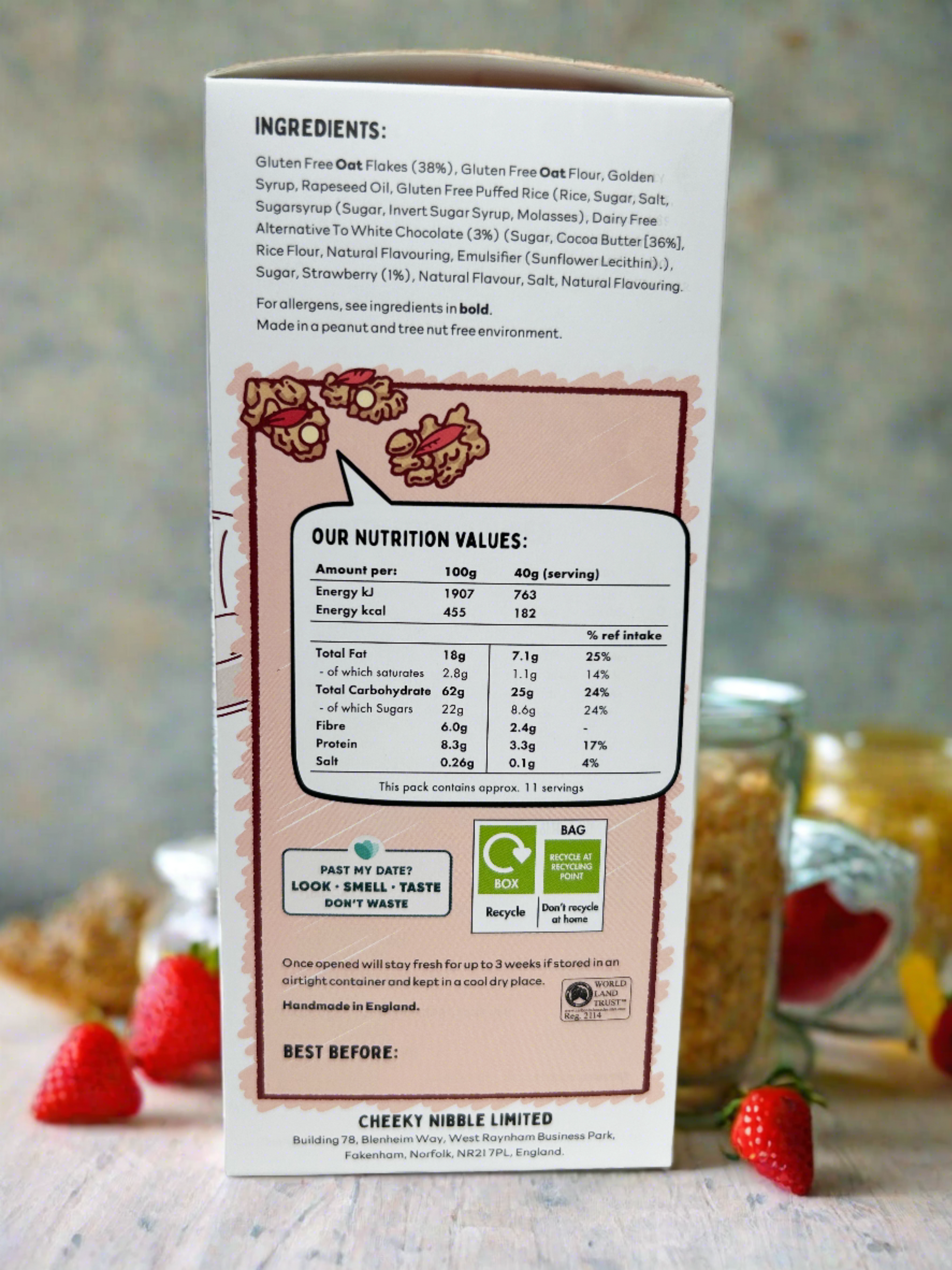 A cereal box featuring prominent nutritional information on its packaging. The label displays details such as serving size, calories per serving, macronutrient breakdown (including protein, fat, and carbohydrates), and key vitamins and minerals. The background of the box may include graphics or images related to healthy living, such as fresh fruits, grains, or active individuals engaging in exercise. 